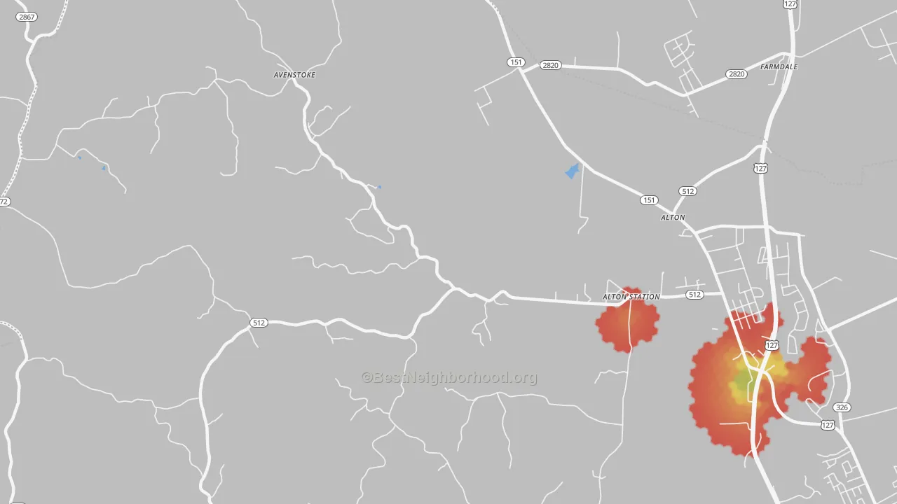Walk Grade map of Alton Station, KY, walkable areas in green and car-dependent areas in red