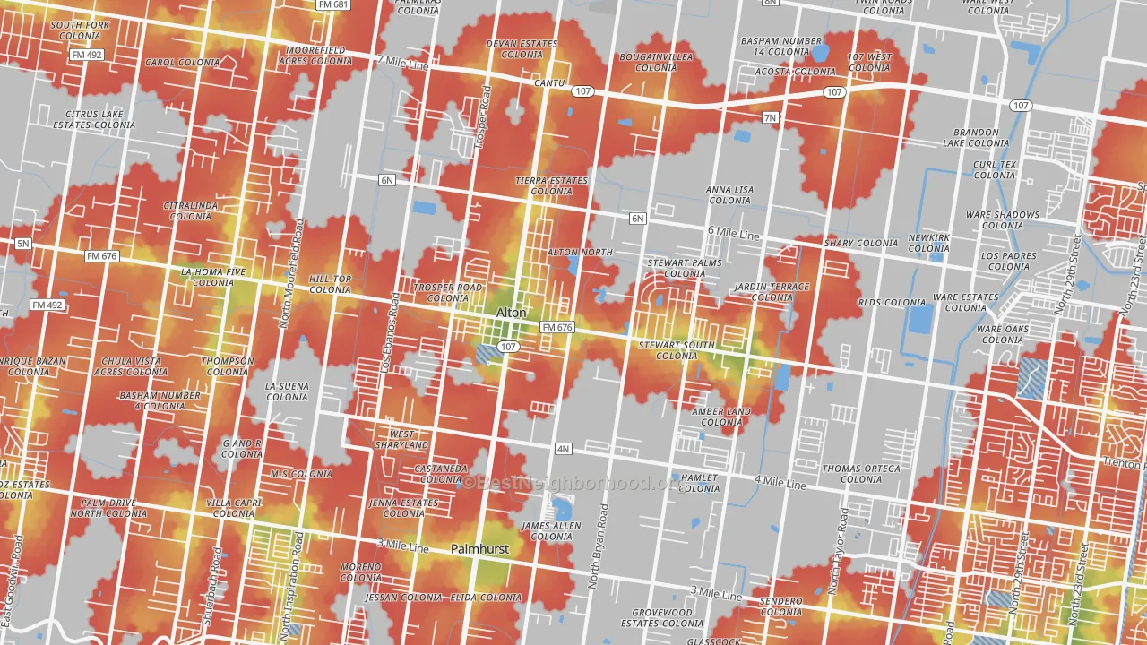 Walk Grade map of Alton, TX, walkable areas in green and car-dependent areas in red
