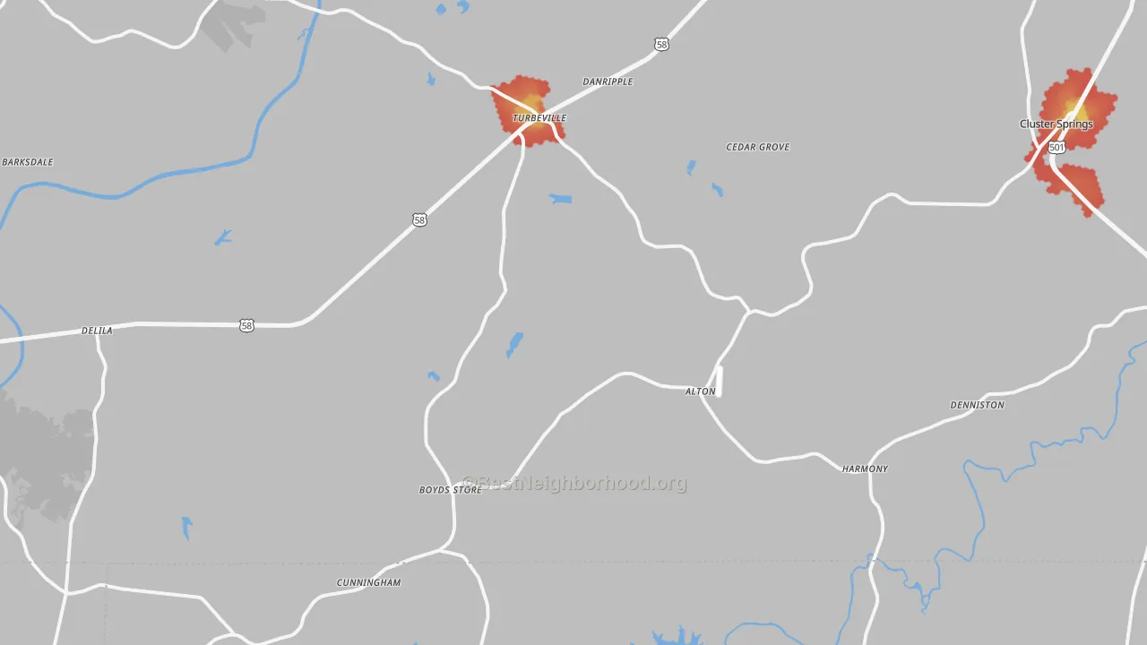 Walk Grade map of Alton, VA, walkable areas in green and car-dependent areas in red