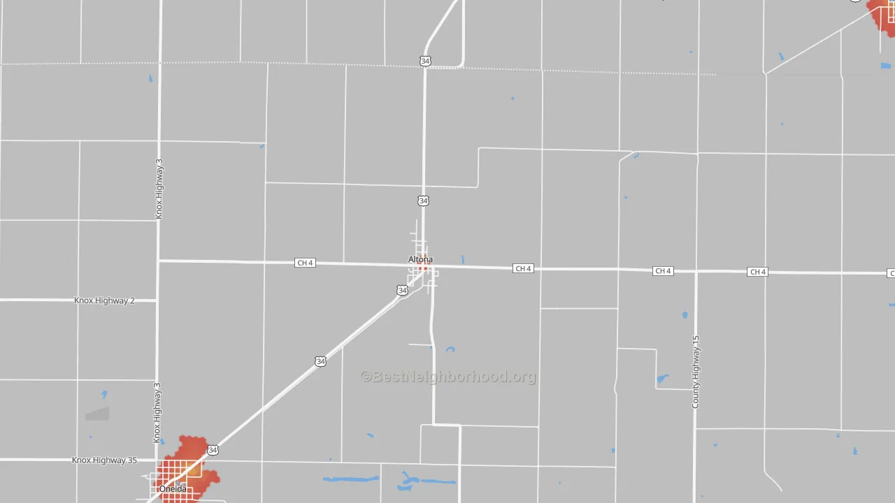 Walk Grade map of Altona, IL, walkable areas in green and car-dependent areas in red