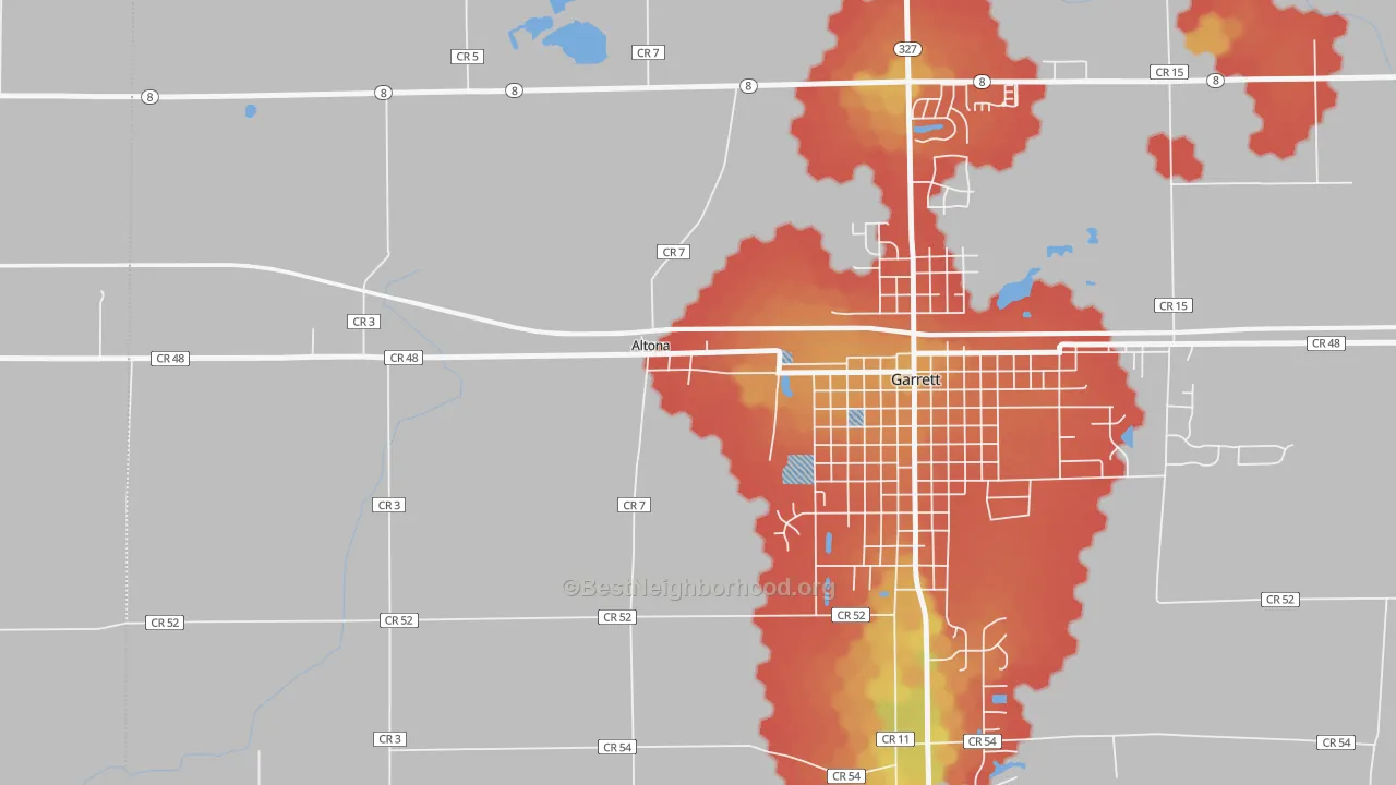 Walk Grade map of Altona, IN, walkable areas in green and car-dependent areas in red