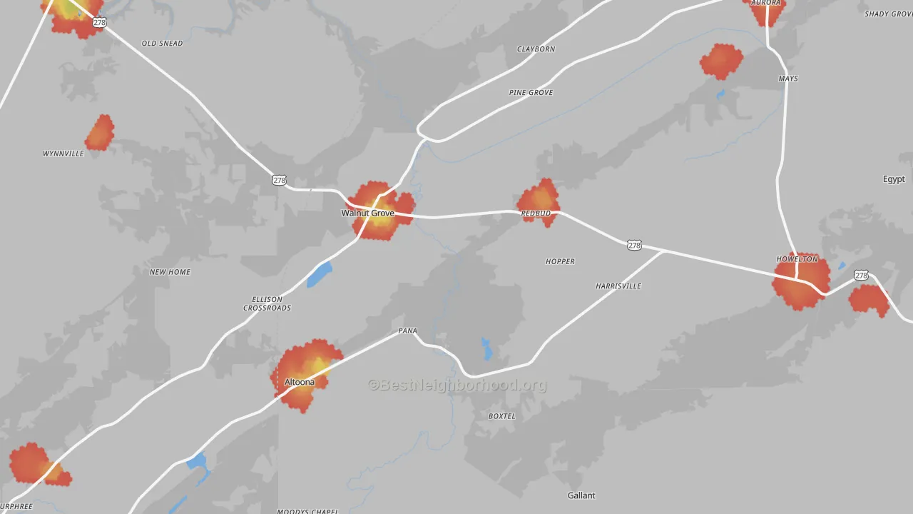 Walk Grade map of Altoona, AL, walkable areas in green and car-dependent areas in red