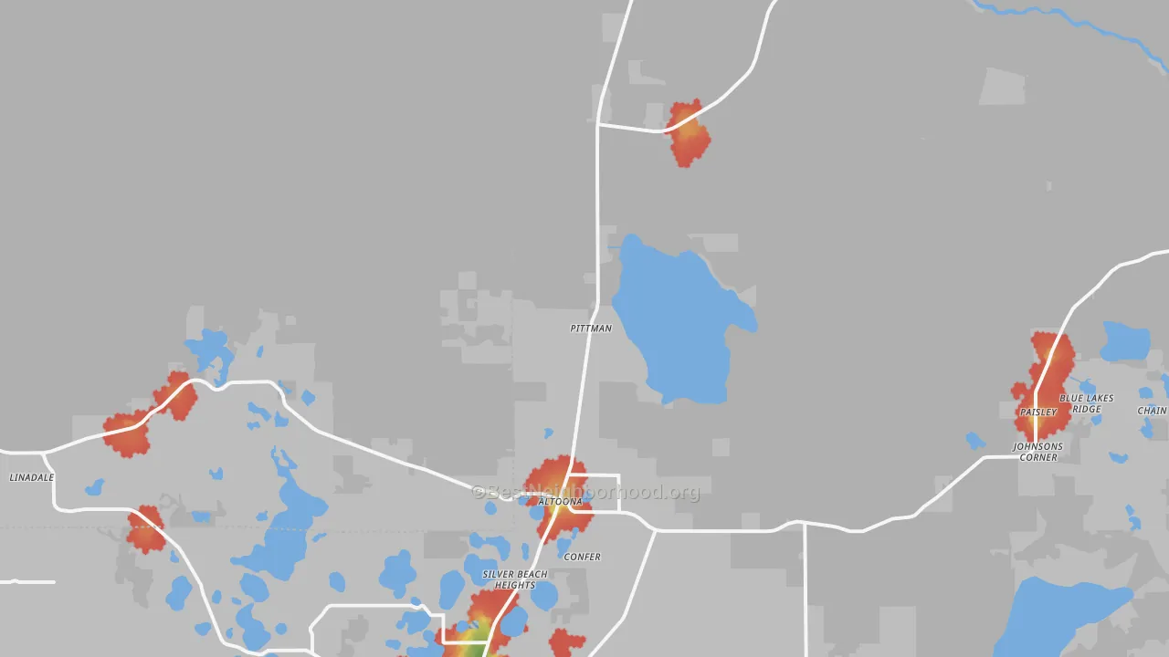 Walk Grade map of Altoona, FL, walkable areas in green and car-dependent areas in red