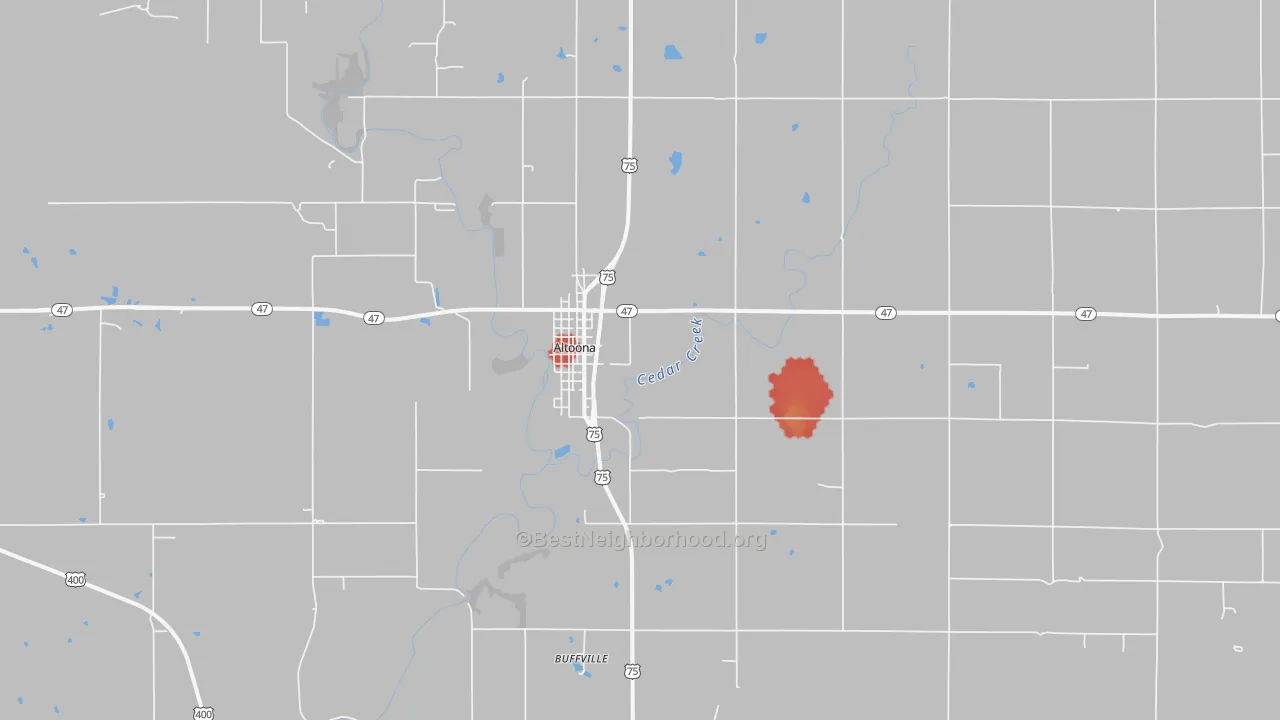 Walk Grade map of Altoona, KS, walkable areas in green and car-dependent areas in red