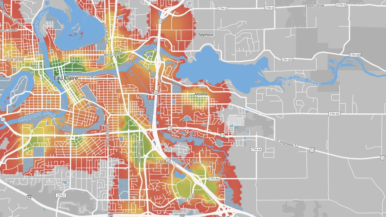 Walk Grade map of Altoona, WI, walkable areas in green and car-dependent areas in red