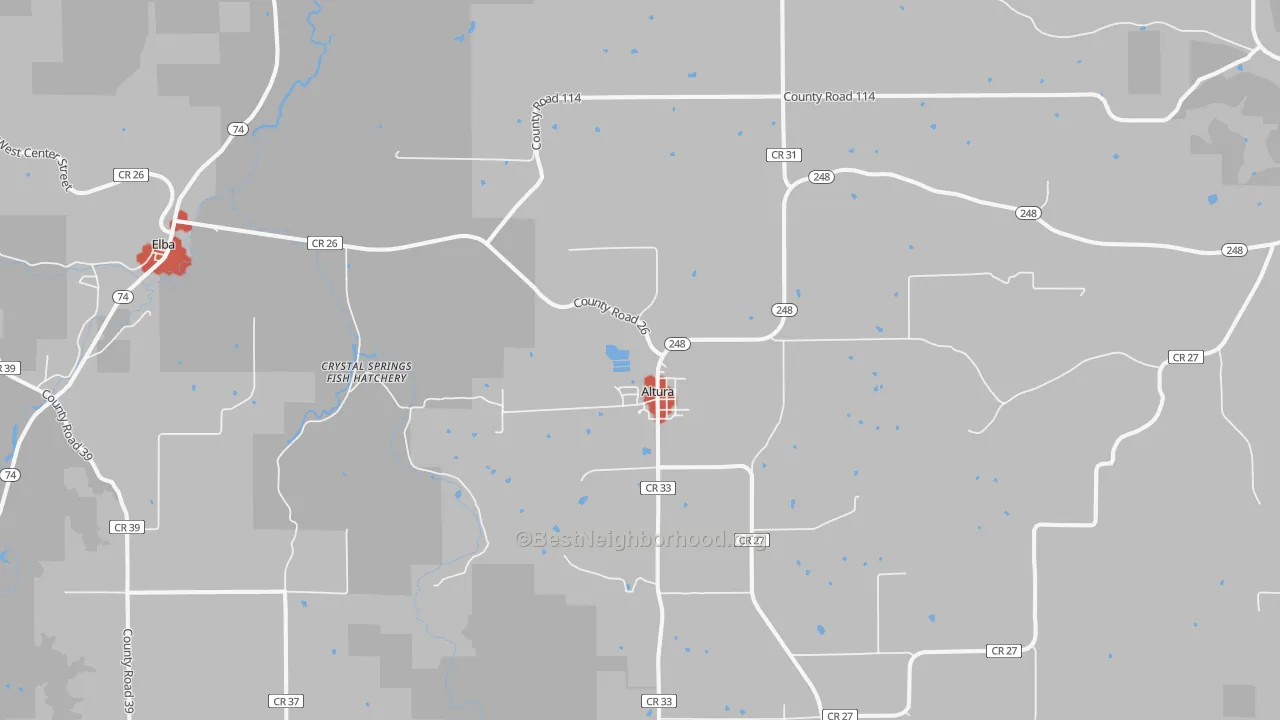 Walk Grade map of Altura, MN, walkable areas in green and car-dependent areas in red
