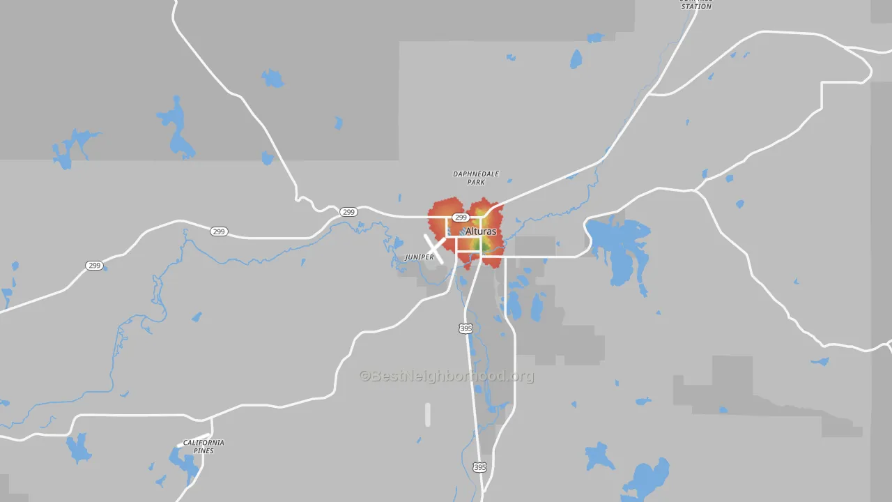 Walk Grade map of Alturas, CA, walkable areas in green and car-dependent areas in red
