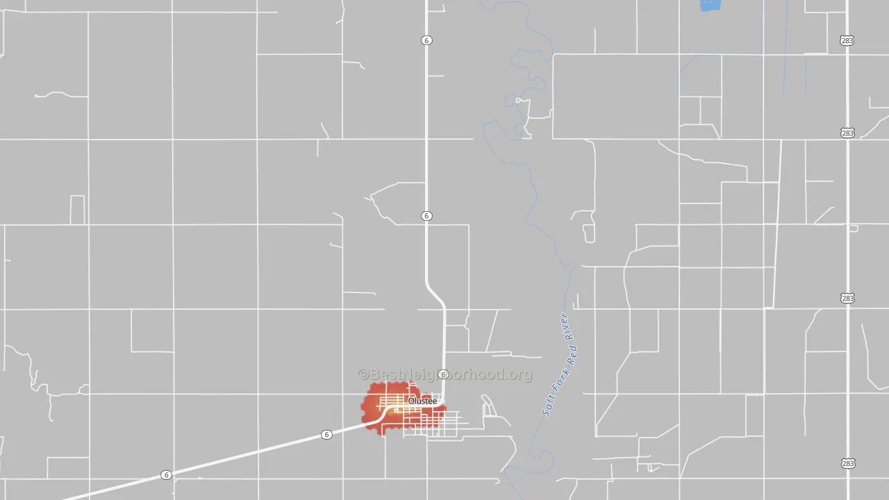 Walk Grade map of Altus Afb, OK, walkable areas in green and car-dependent areas in red