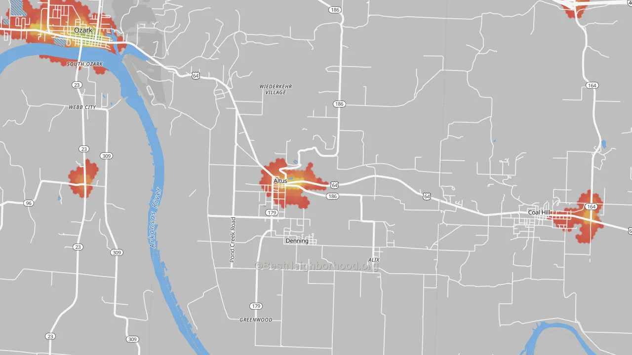 Walk Grade map of Altus, AR, walkable areas in green and car-dependent areas in red