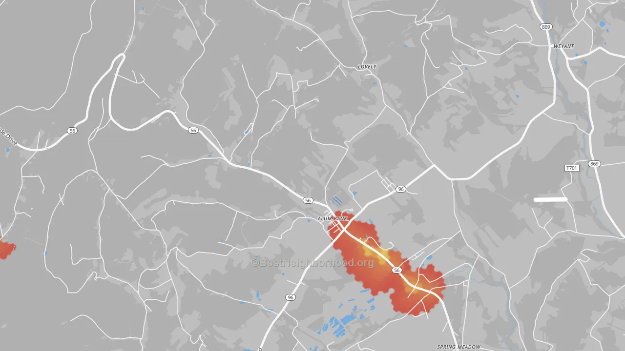Walk Grade map of Alum Bank, PA, walkable areas in green and car-dependent areas in red