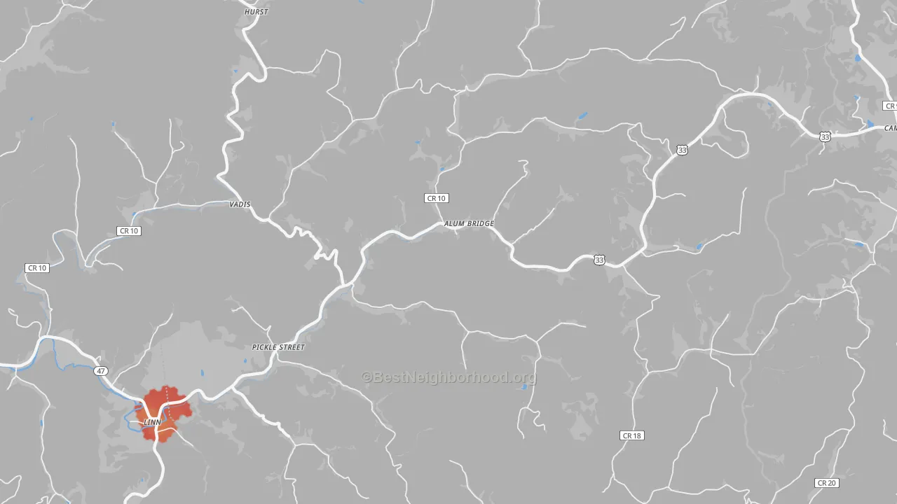 Walk Grade map of Alum Bridge, WV, walkable areas in green and car-dependent areas in red