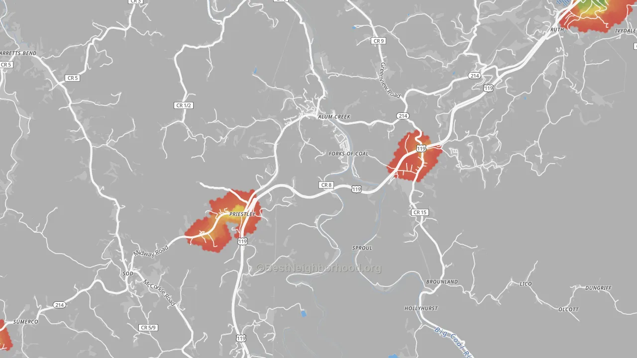 Walk Grade map of Alum Creek, WV, walkable areas in green and car-dependent areas in red