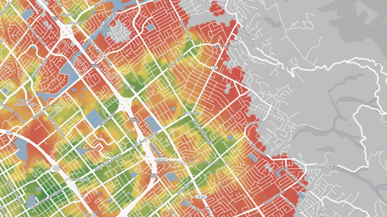 Walk Grade map of Alum Rock, CA, walkable areas in green and car-dependent areas in red