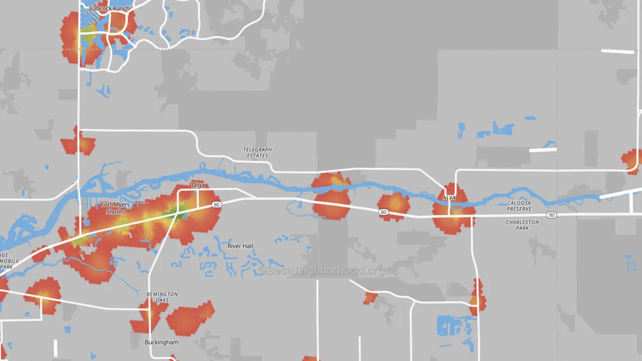 Walk Grade map of Alva, FL, walkable areas in green and car-dependent areas in red