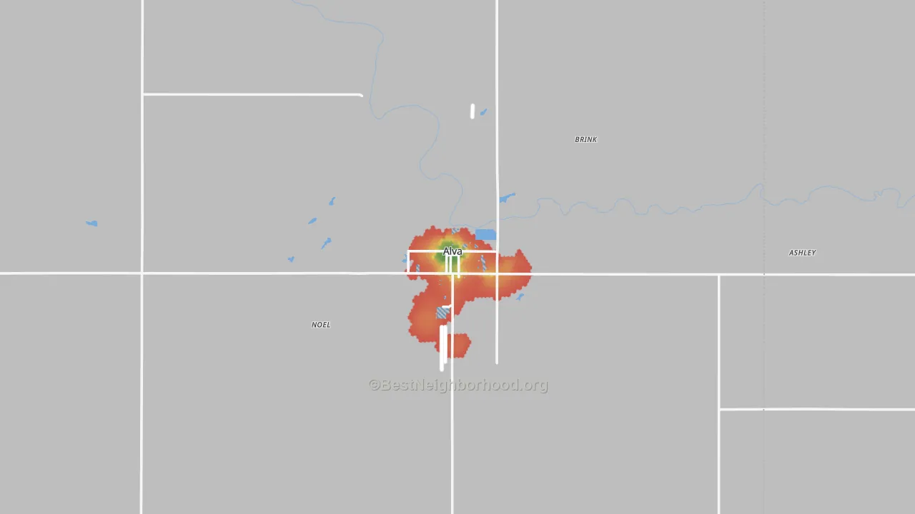 Walk Grade map of Alva, OK, walkable areas in green and car-dependent areas in red