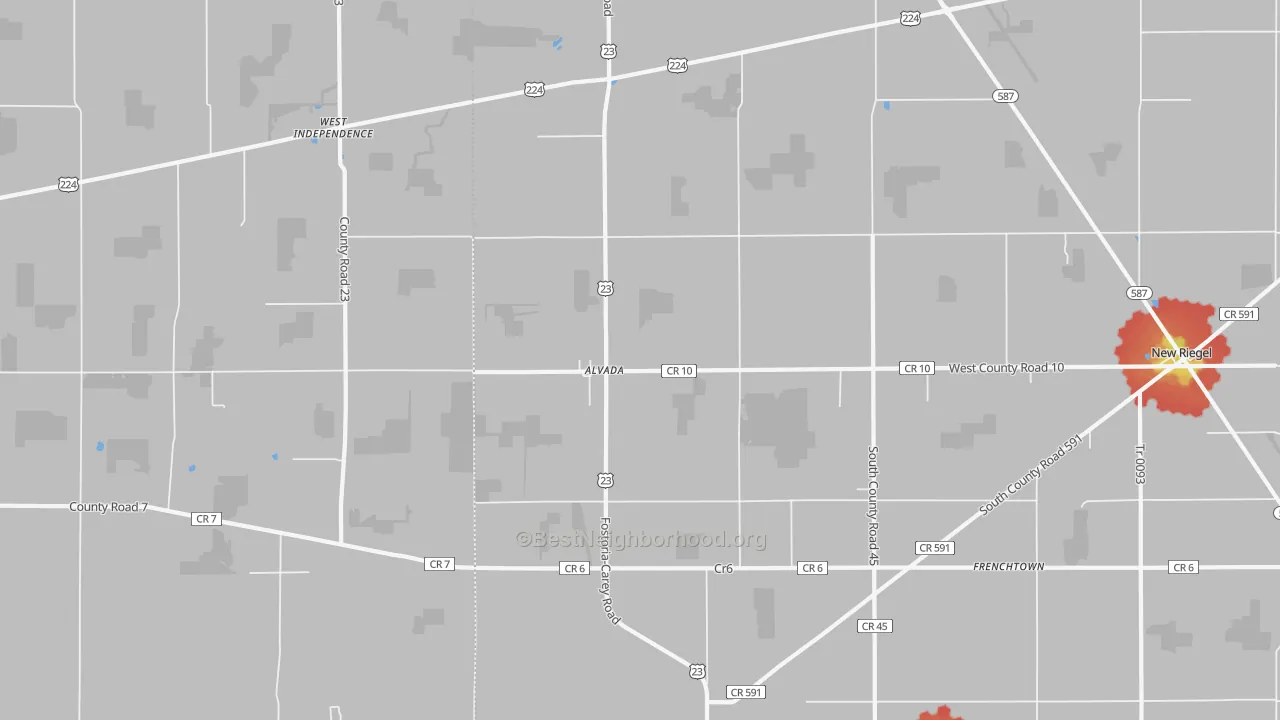 Walk Grade map of Alvada, OH, walkable areas in green and car-dependent areas in red