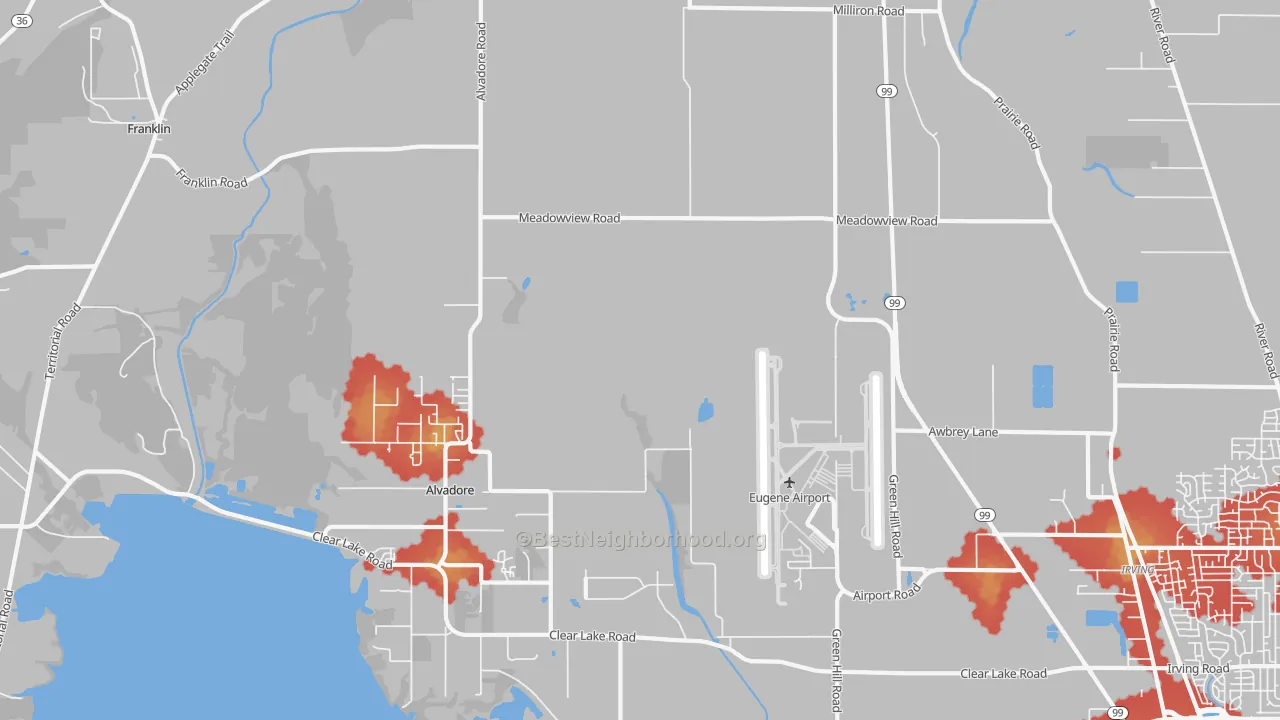 Walk Grade map of Alvadore, OR, walkable areas in green and car-dependent areas in red