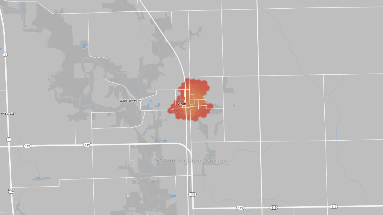 Walk Grade map of Alvan, IL, walkable areas in green and car-dependent areas in red