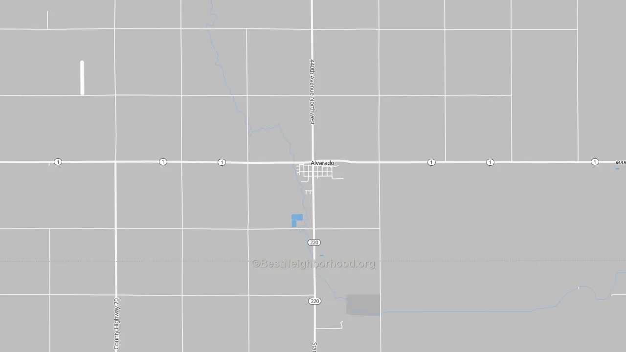 Walk Grade map of Alvarado, MN, walkable areas in green and car-dependent areas in red