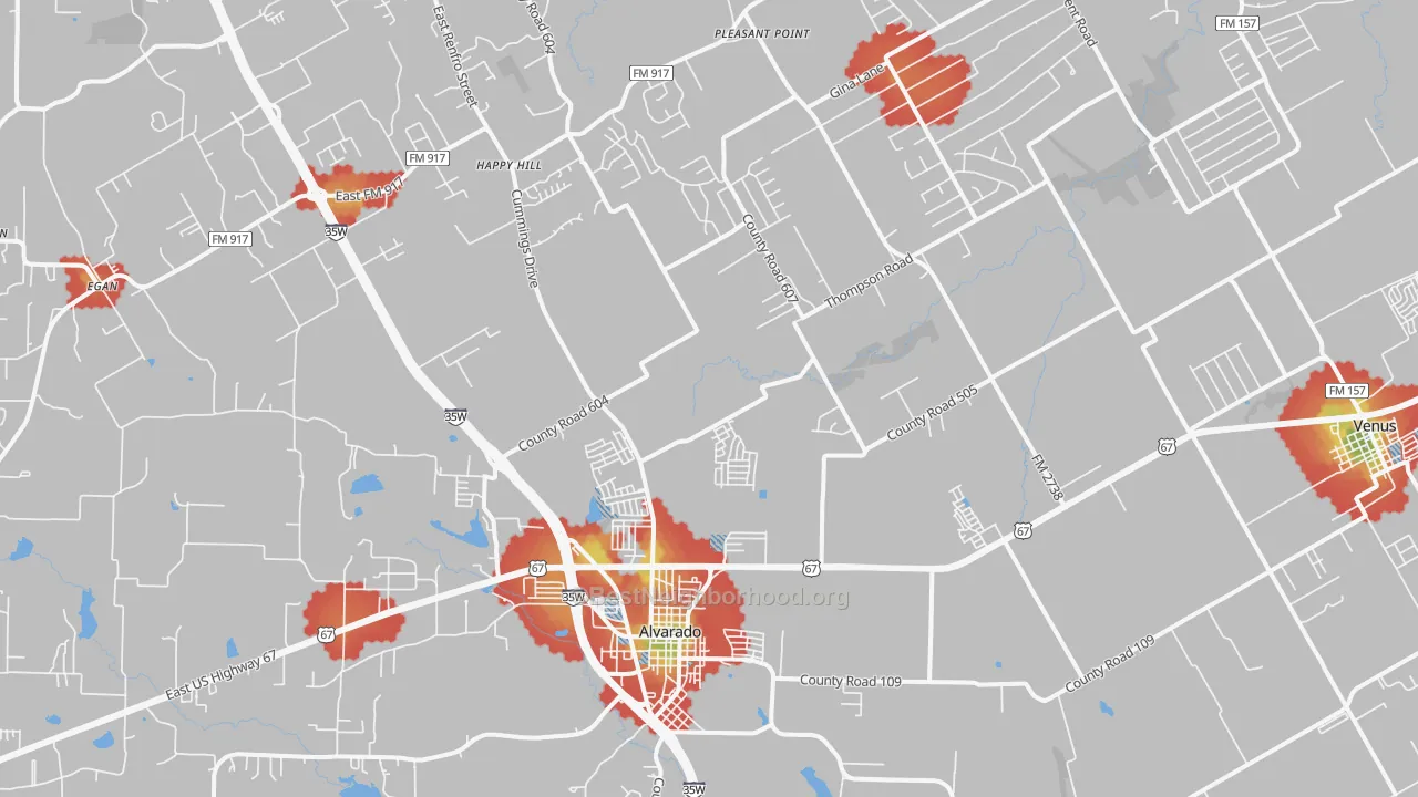 Walk Grade map of Alvarado, TX, walkable areas in green and car-dependent areas in red