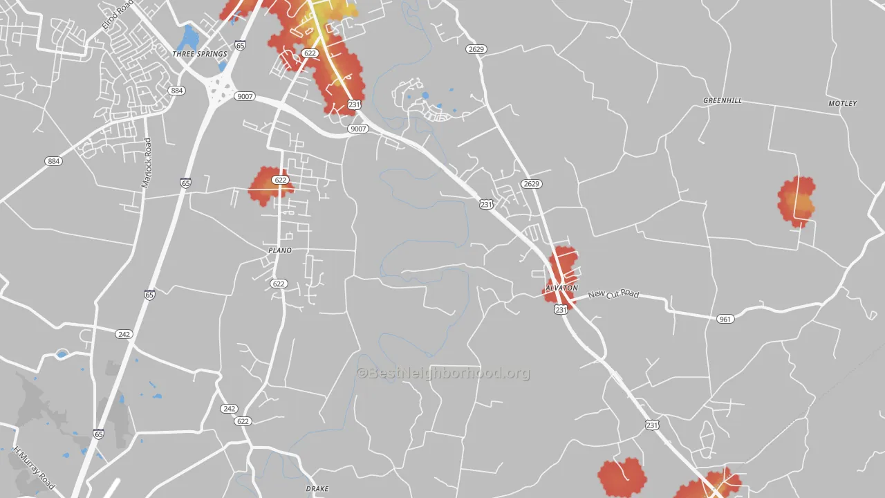 Walk Grade map of Alvaton, KY, walkable areas in green and car-dependent areas in red