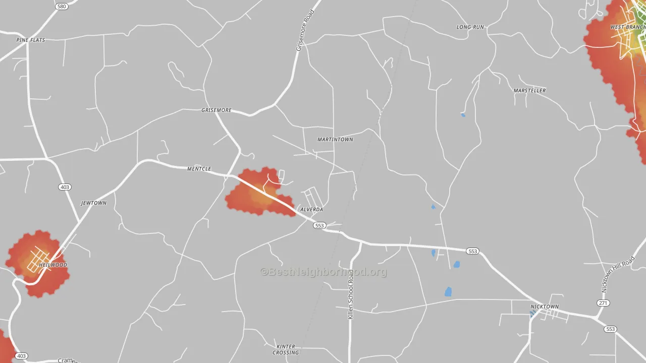 Walk Grade map of Alverda, PA, walkable areas in green and car-dependent areas in red