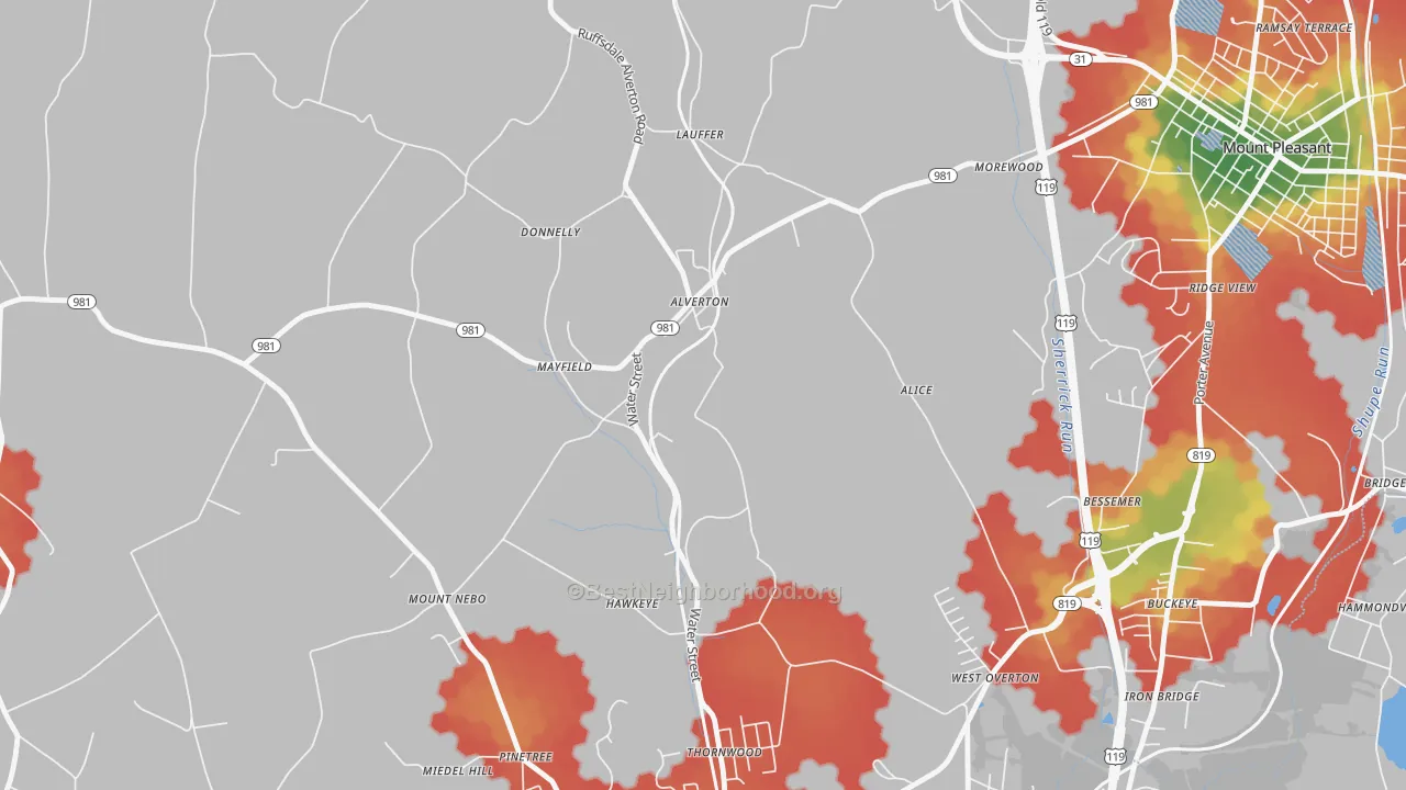Walk Grade map of Alverton, PA, walkable areas in green and car-dependent areas in red