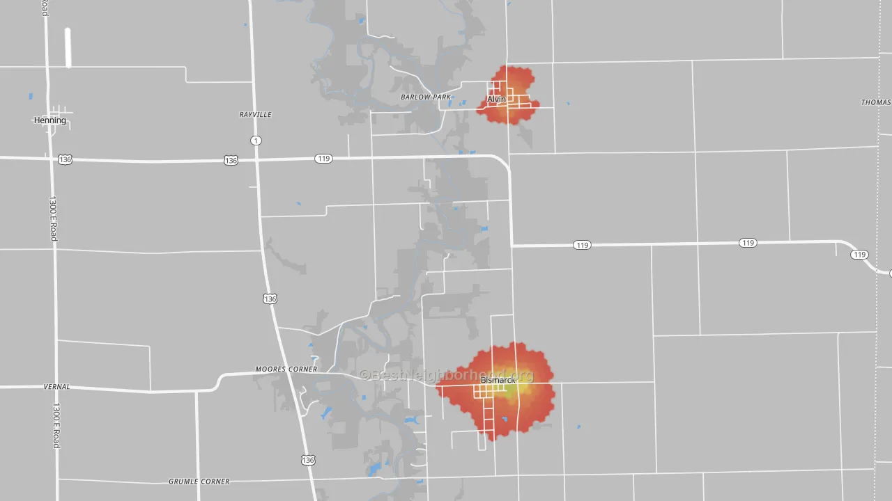 Walk Grade map of Alvin, IL, walkable areas in green and car-dependent areas in red