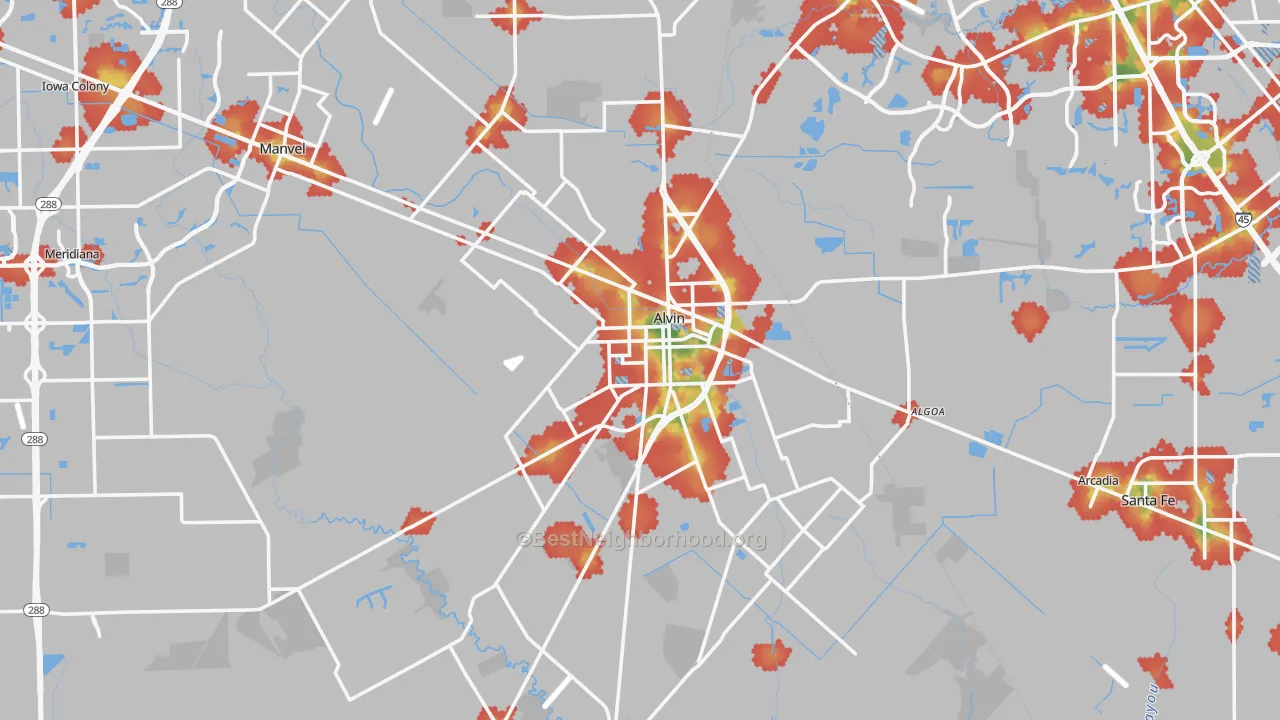 Walk Grade map of Alvin, TX, walkable areas in green and car-dependent areas in red