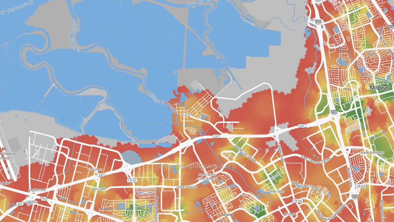 Walk Grade map of Alviso, CA, walkable areas in green and car-dependent areas in red
