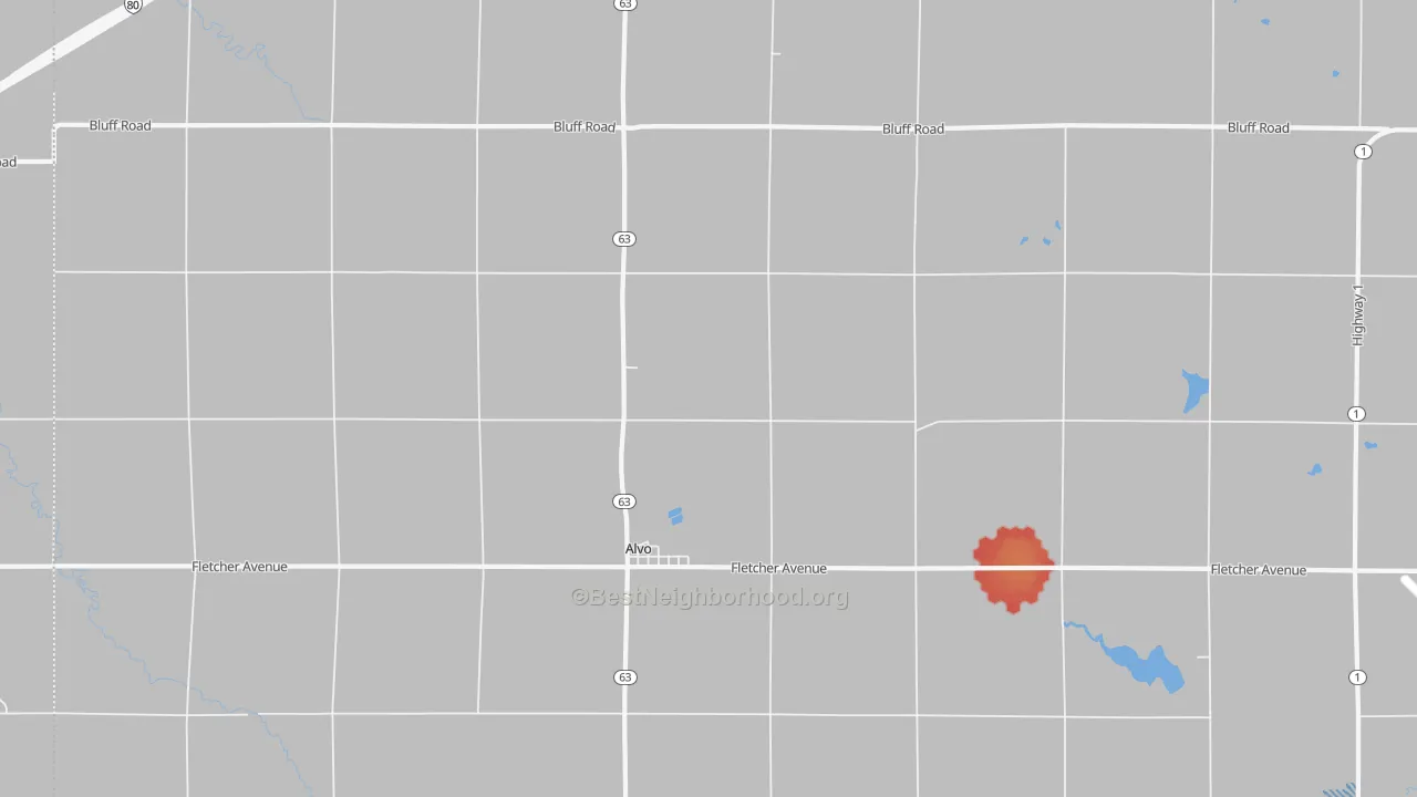 Walk Grade map of Alvo, NE, walkable areas in green and car-dependent areas in red