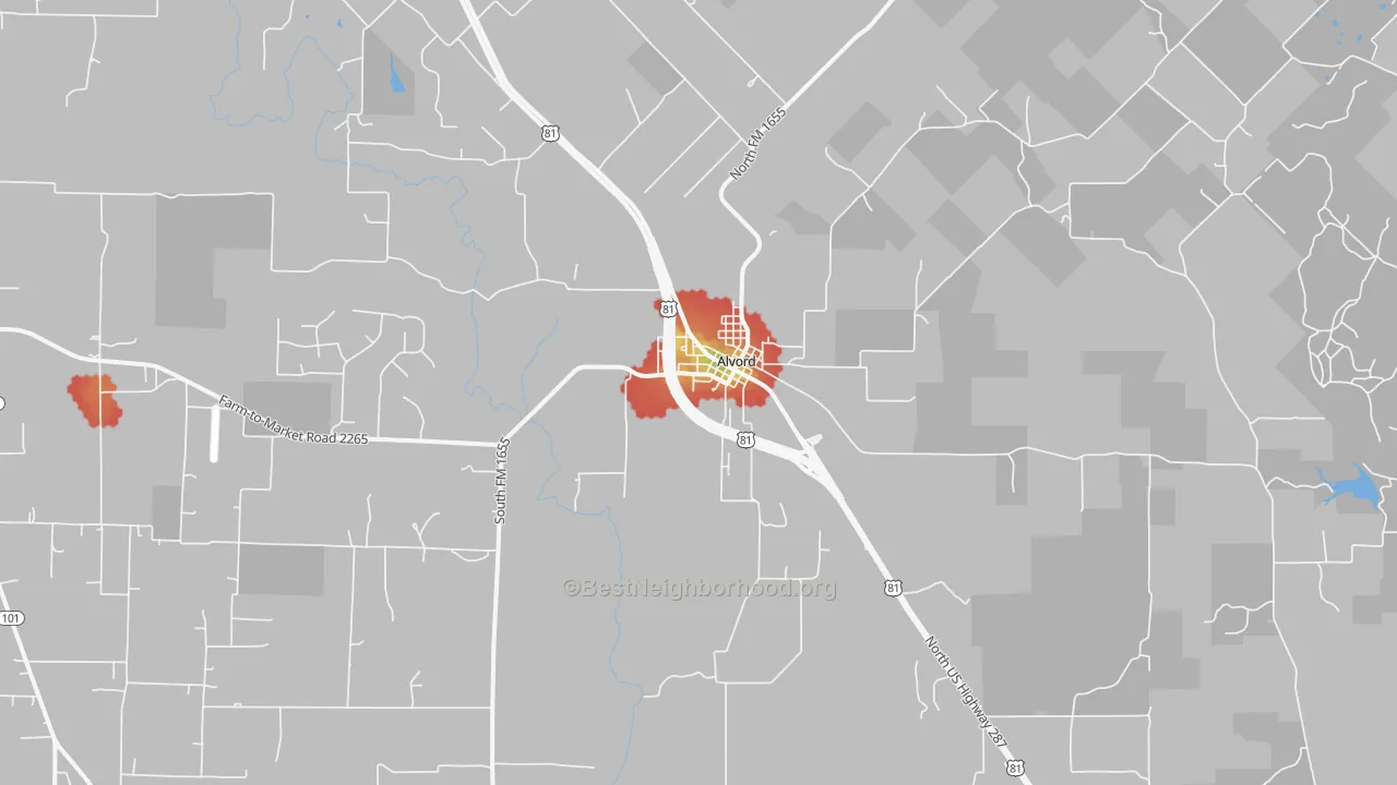 Walk Grade map of Alvord, TX, walkable areas in green and car-dependent areas in red