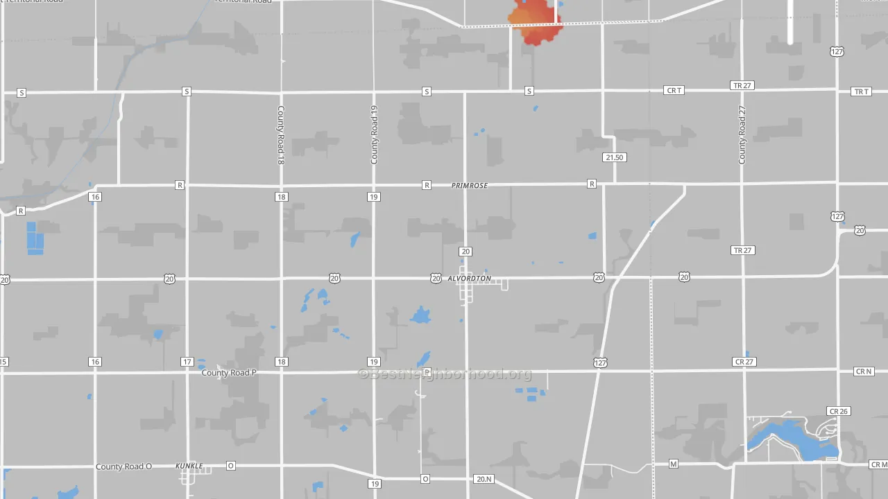 Walk Grade map of Alvordton, OH, walkable areas in green and car-dependent areas in red