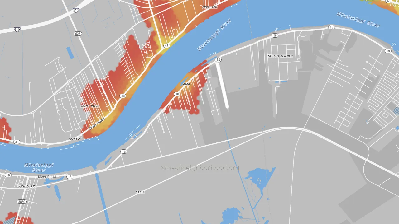 Walk Grade map of Ama, LA, walkable areas in green and car-dependent areas in red