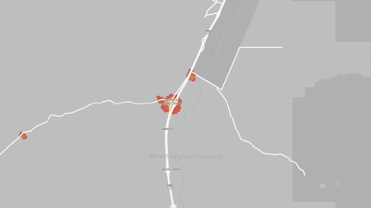 Walk Grade map of Amado, AZ, walkable areas in green and car-dependent areas in red