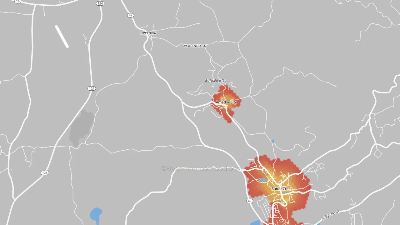 Walk Grade map of Amador City, CA, walkable areas in green and car-dependent areas in red