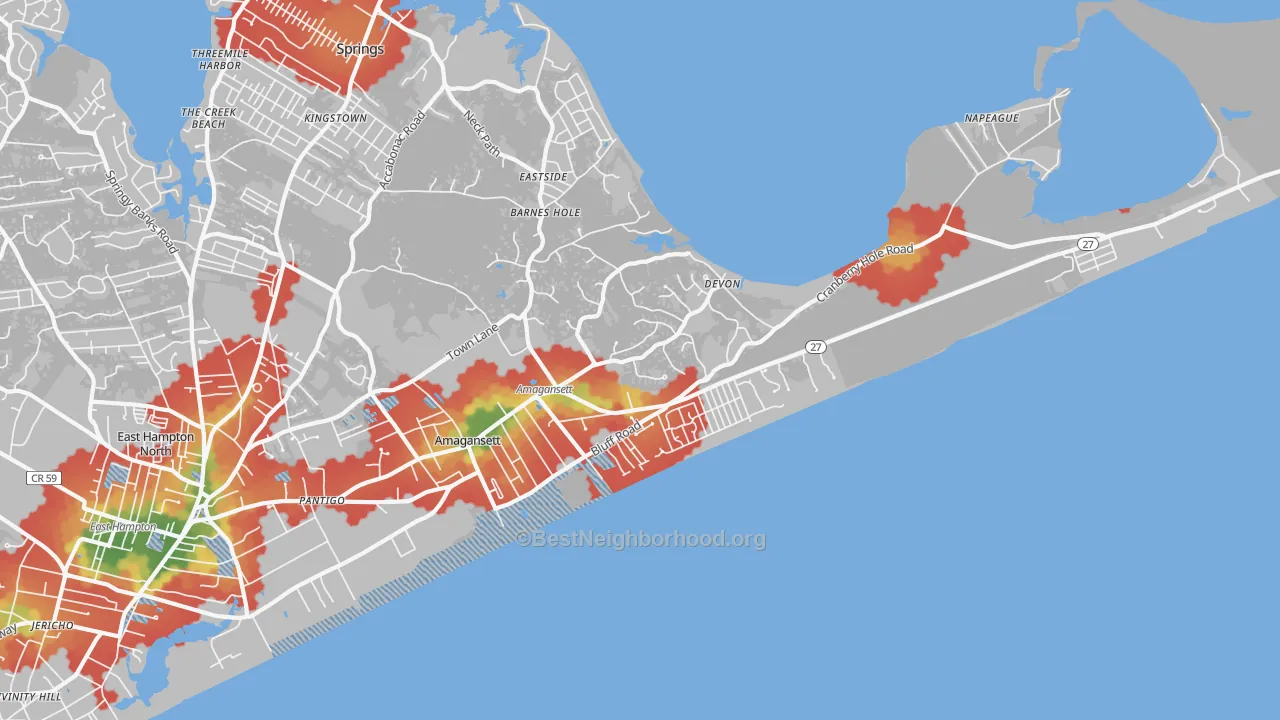 Walk Grade map of Amagansett, NY, walkable areas in green and car-dependent areas in red