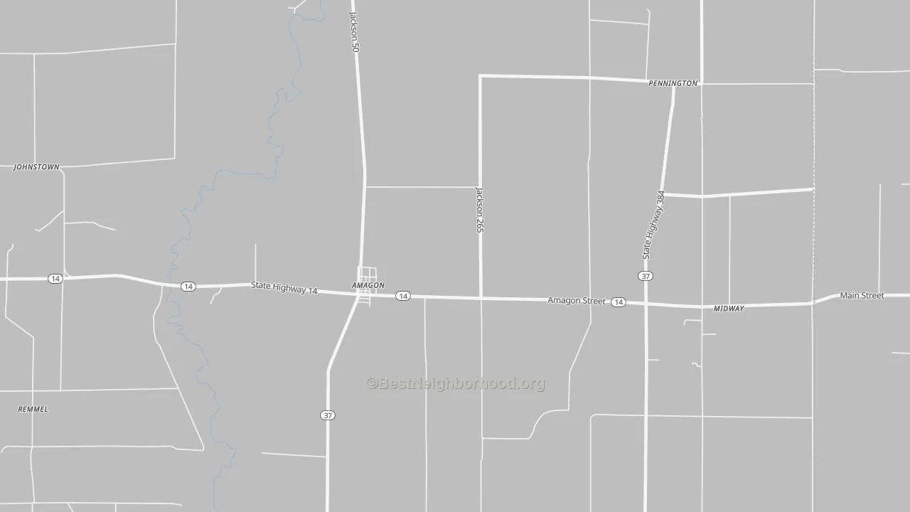 Walk Grade map of Amagon, AR, walkable areas in green and car-dependent areas in red