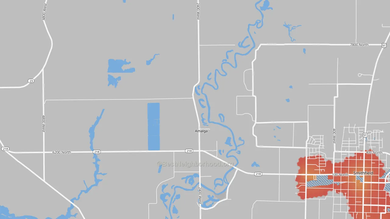 Walk Grade map of Amalga, UT, walkable areas in green and car-dependent areas in red