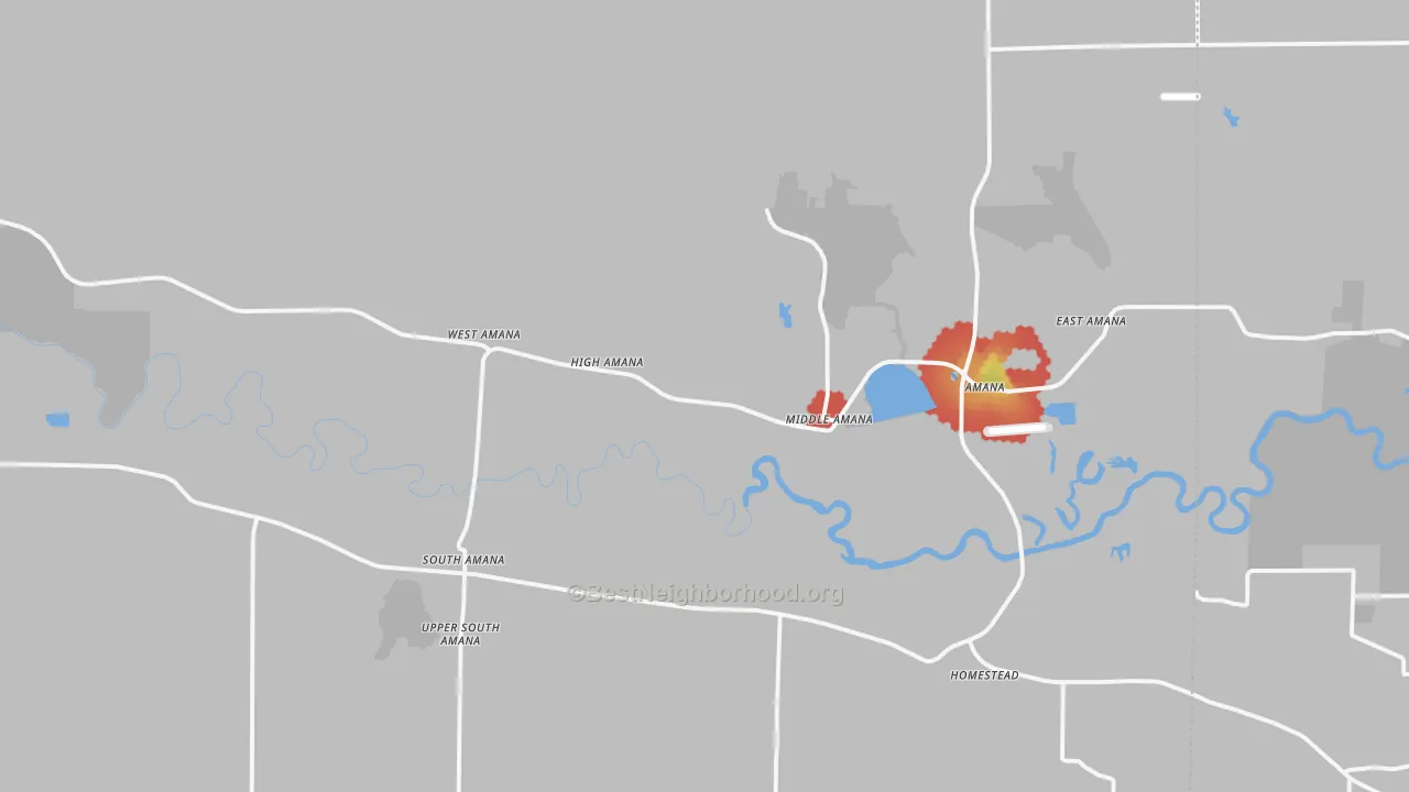 Walk Grade map of Amana, IA, walkable areas in green and car-dependent areas in red