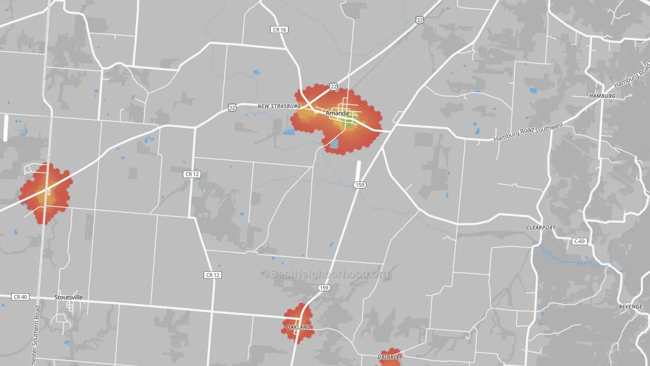 Walk Grade map of Amanda, OH, walkable areas in green and car-dependent areas in red