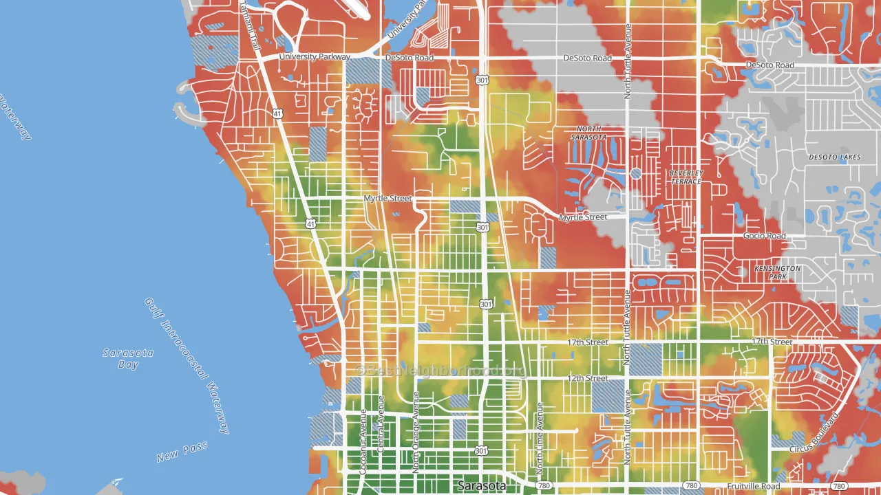 Walk Grade map of Amaryllis Park, Sarasota, FL, walkable areas in green and car-dependent areas in red