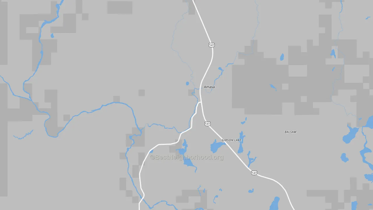 Walk Grade map of Amasa, MI, walkable areas in green and car-dependent areas in red