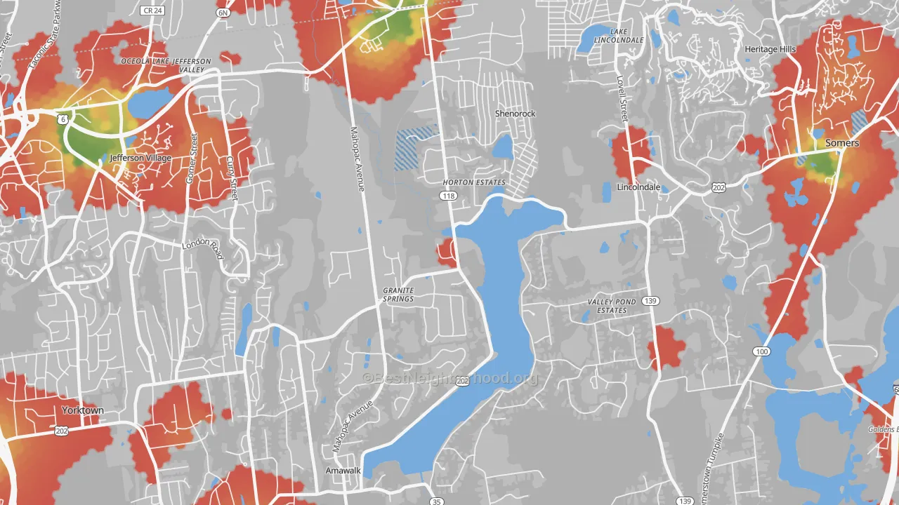 Walk Grade map of Amawalk, NY, walkable areas in green and car-dependent areas in red
