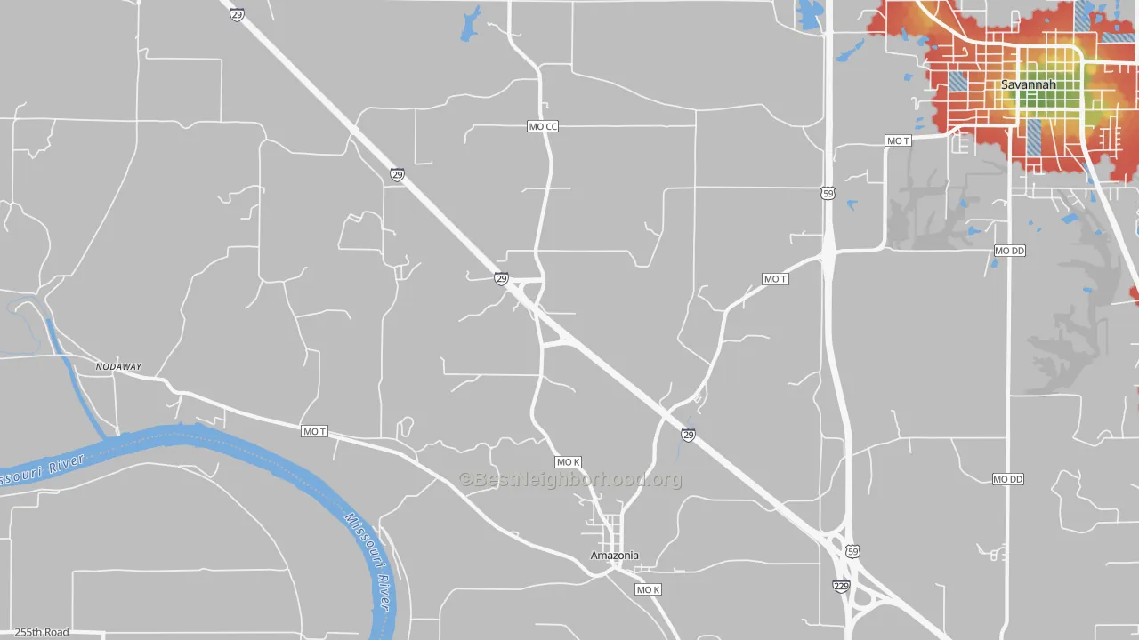 Walk Grade map of Amazonia, MO, walkable areas in green and car-dependent areas in red
