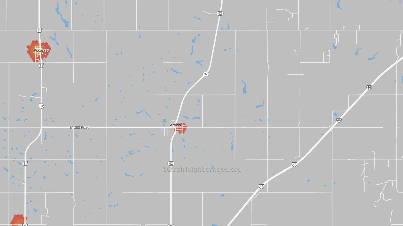 Walk Grade map of Amber, OK, walkable areas in green and car-dependent areas in red