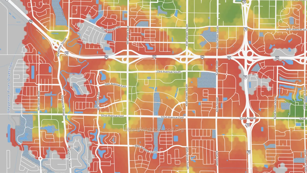 Walk Grade map of Amber Valley, Fargo, ND, walkable areas in green and car-dependent areas in red