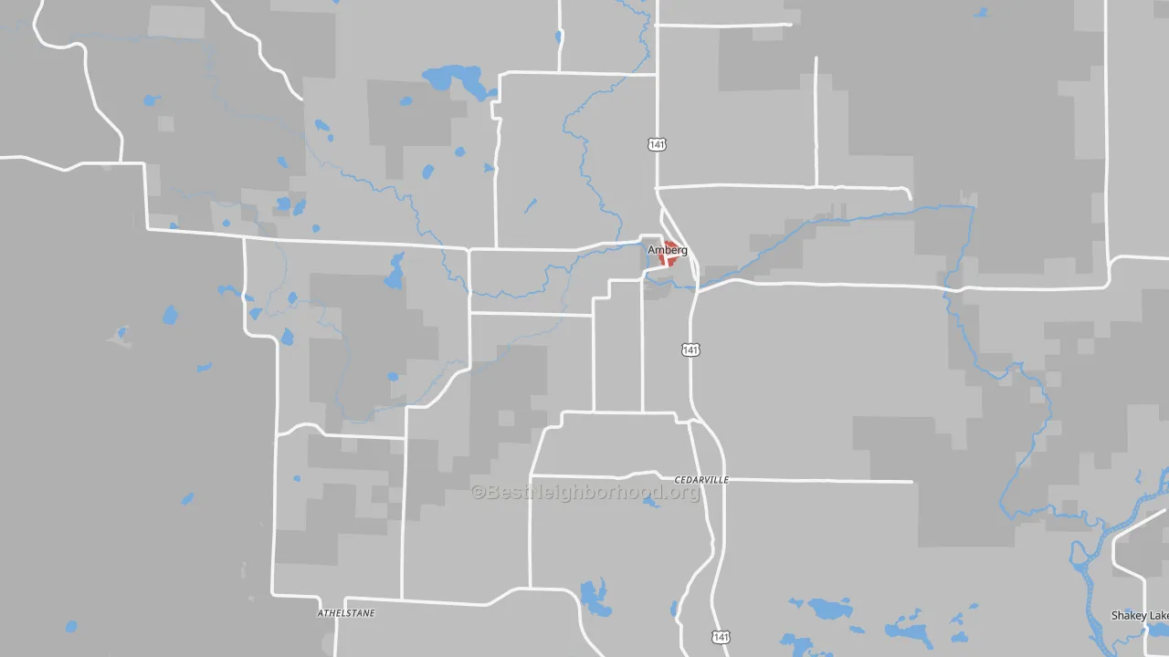 Walk Grade map of Amberg, WI, walkable areas in green and car-dependent areas in red