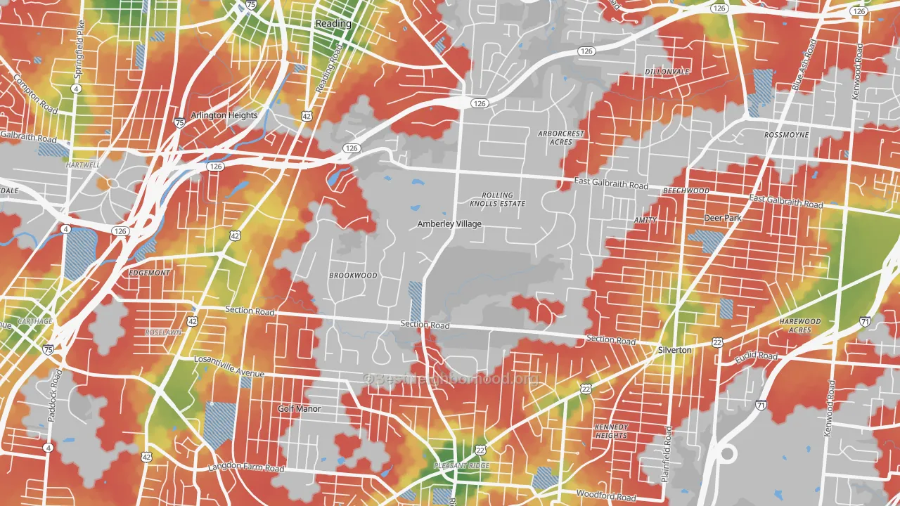 Walk Grade map of Amberley, OH, walkable areas in green and car-dependent areas in red
