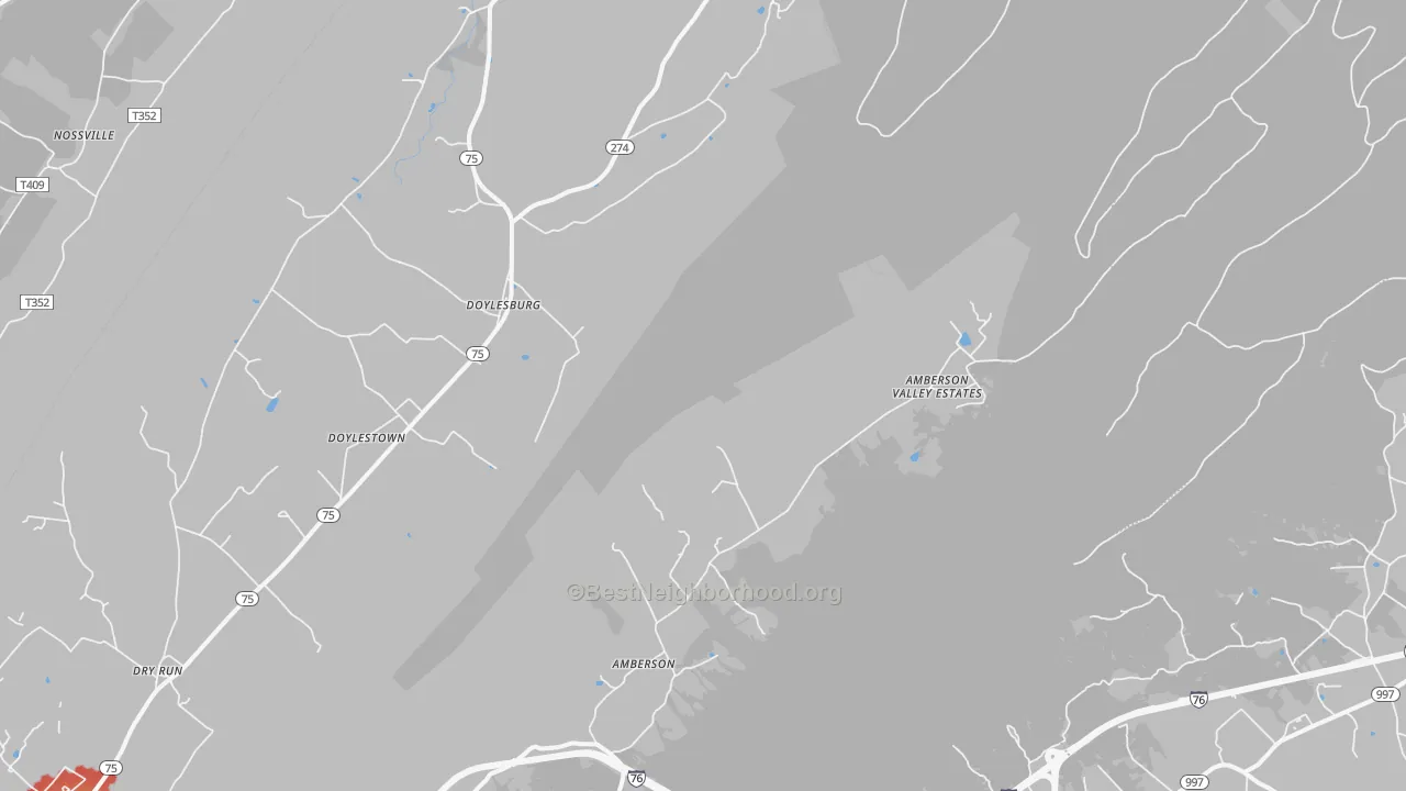 Walk Grade map of Amberson, PA, walkable areas in green and car-dependent areas in red